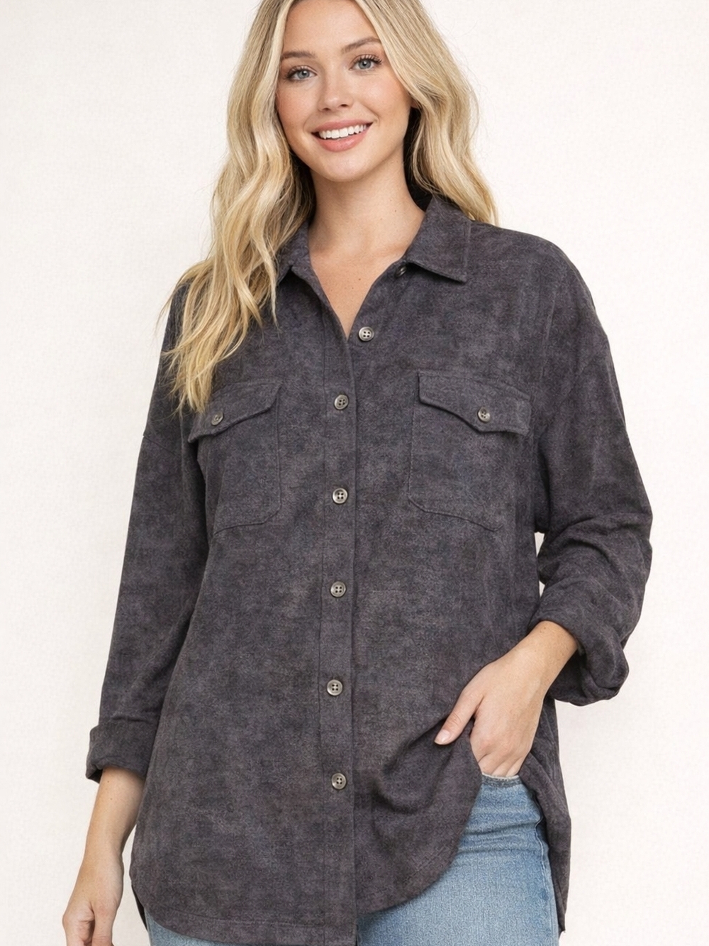 Umgee Charcoal Button-Front Shirt Jacket Size Small